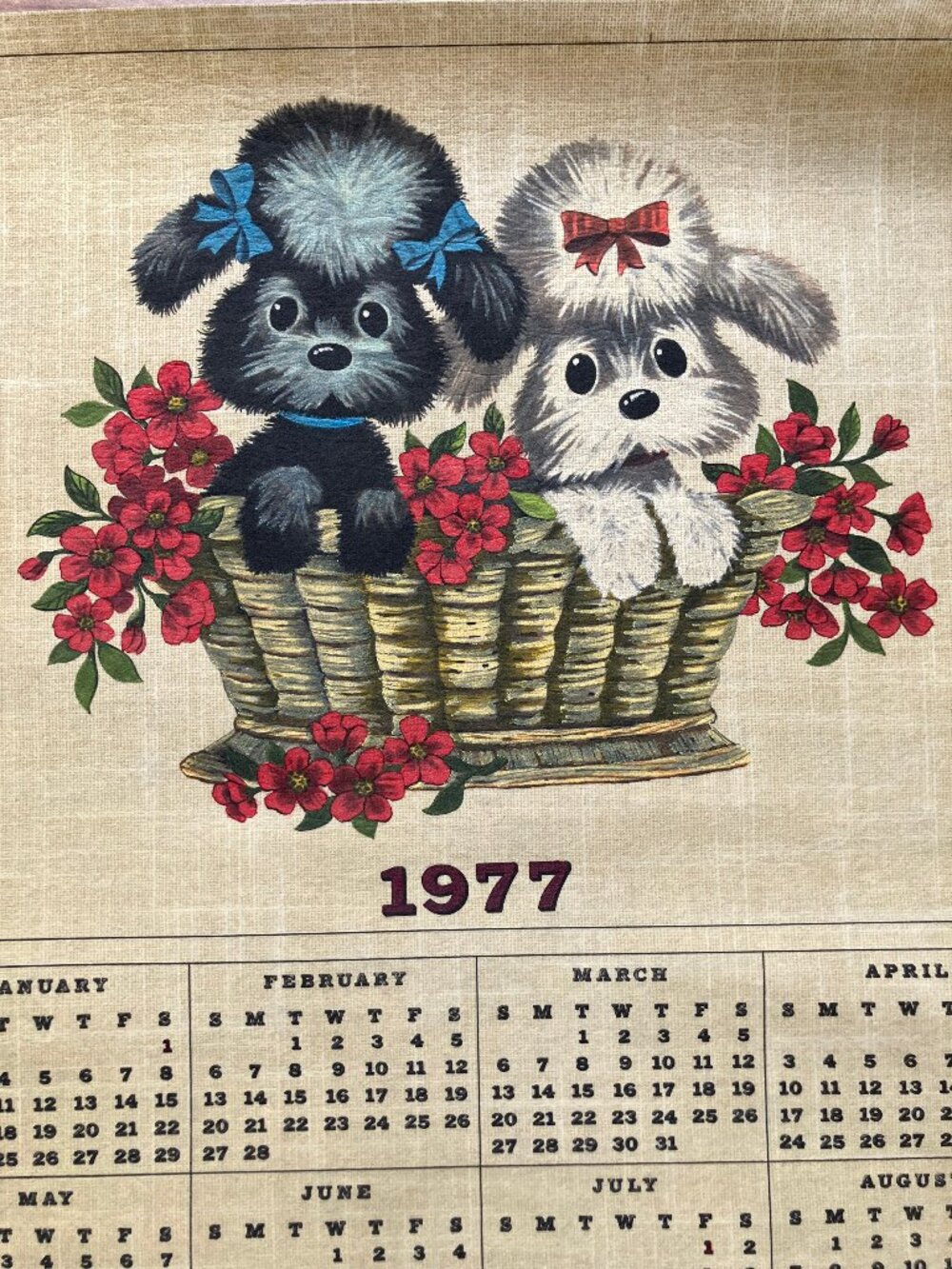 Big Eye Poodle Puppy Dog Hand Painted Fabric Calendar Vintage 1977 Artex TriChem